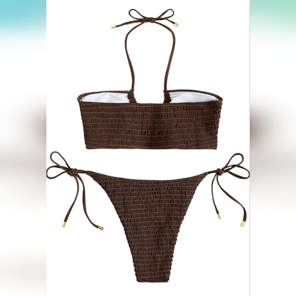 SweatyRocks Women's 2 Piece brown Ribbed Tie Side Halter Bikini Swimsuit Medium - Picture 3 of 10